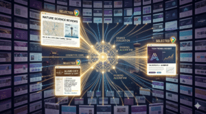 A digital network diagram shows interconnected website cards with three highlighted as "Selected," illustrating a ranking algorithm and source evaluation process.