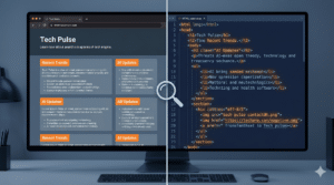 A computer screen split in half shows a website on the left and its HTML code on the right, illustrating the connection between web design and coding.