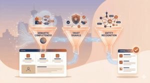 An illustrated flowchart showing three funnels labeled Semantic Completeness, Trust Signals, and Entity Recognition, filtering information into a web page and a verified citation.
