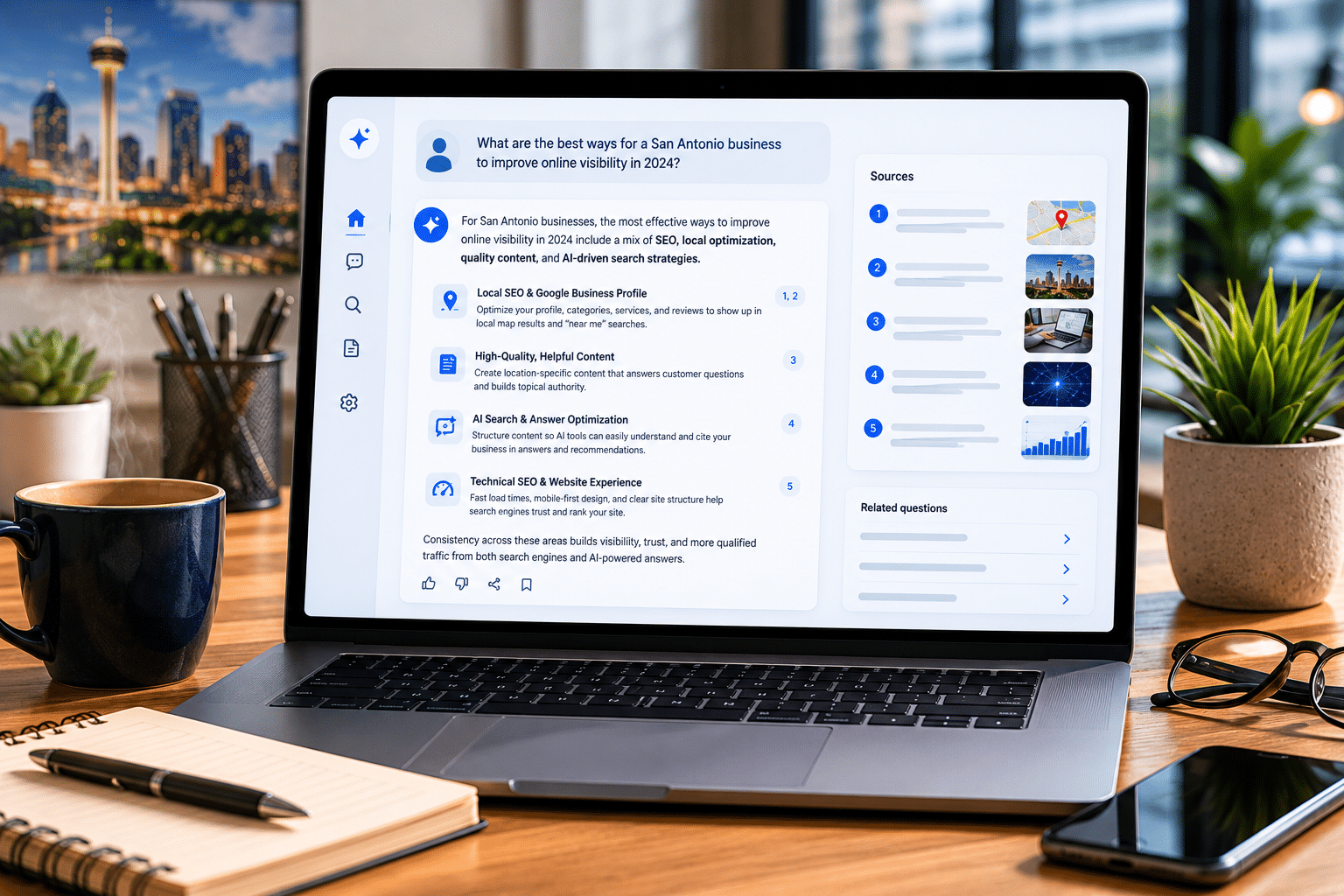 Modern workspace with AI search interface