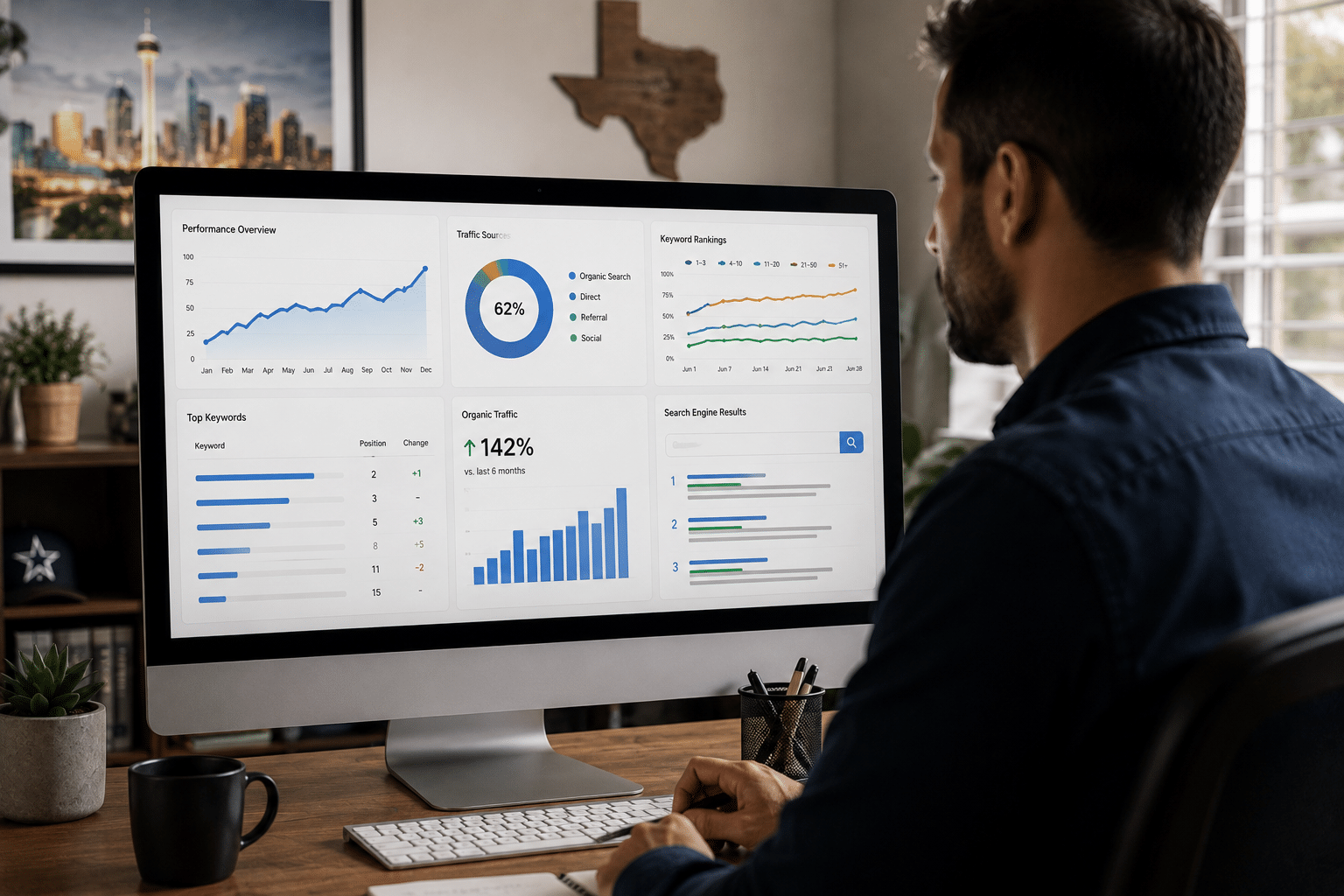 Modern workspace with analytics dashboard