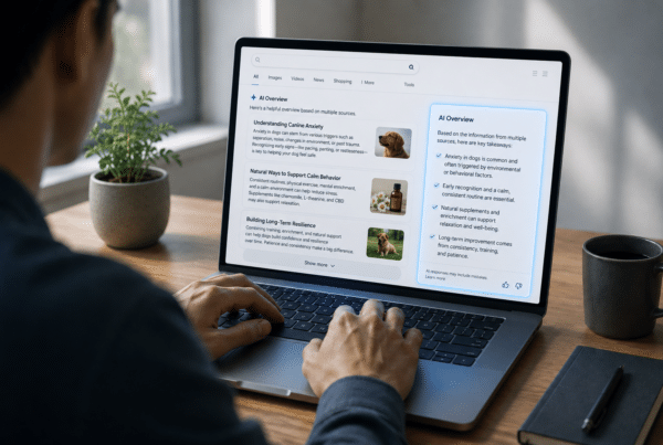 Workspace with AI overview on laptop