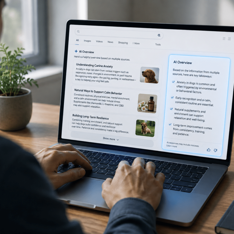 Workspace with AI overview on laptop