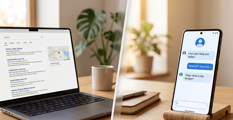 A laptop displays search engine results for local cafes, while a smartphone on a stand shows a chatbot conversation about gift ideas, both on a wooden desk.