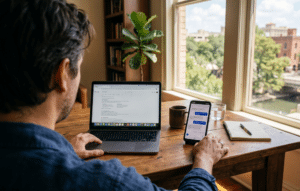 A person works at a wooden table using a laptop and smartphone, with a notebook, pen, and coffee mug nearby, next to a window with a city view.