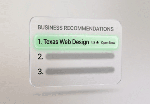 A business recommendations list highlights “Texas Web Design” as the top pick with a 4.8-star rating and “Open Now” status; second and third listings are blurred.