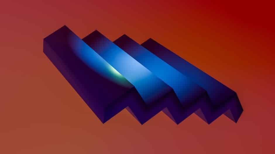 Angular blue form rising across a warm red gradient background