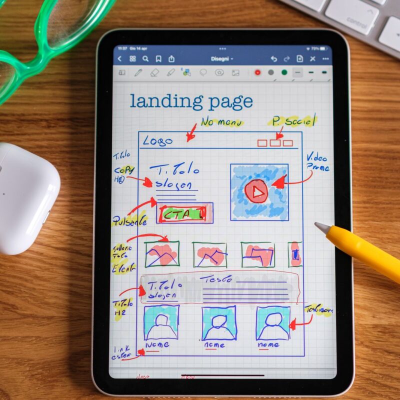 Tablet showing a hand-drawn landing page layout with a headline, call-to-action button, and photo blocks